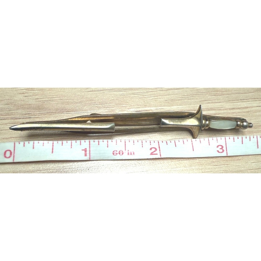 Vintage Swank Gold Tone Sword Dagger Tie Clip Mother of Pearl Hilt Novelty MCM